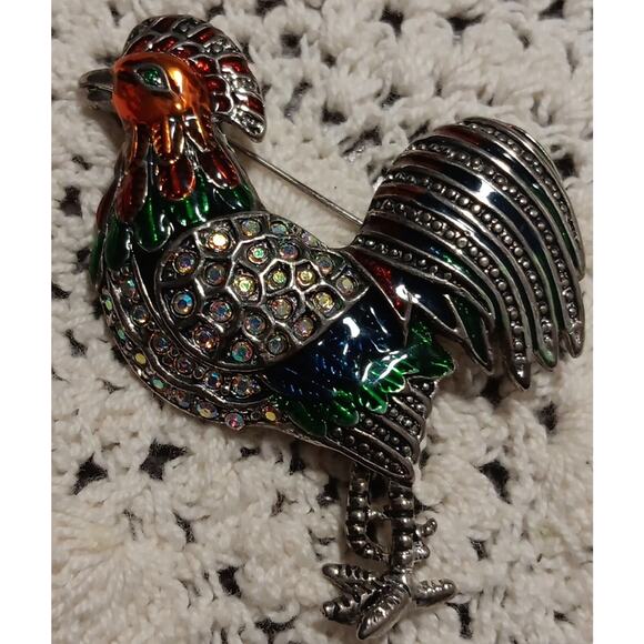 Vintage Colorful Rooster Chicken Pin Brooch Silver Tone Enamel Rhinestones - Picture 1 of 6